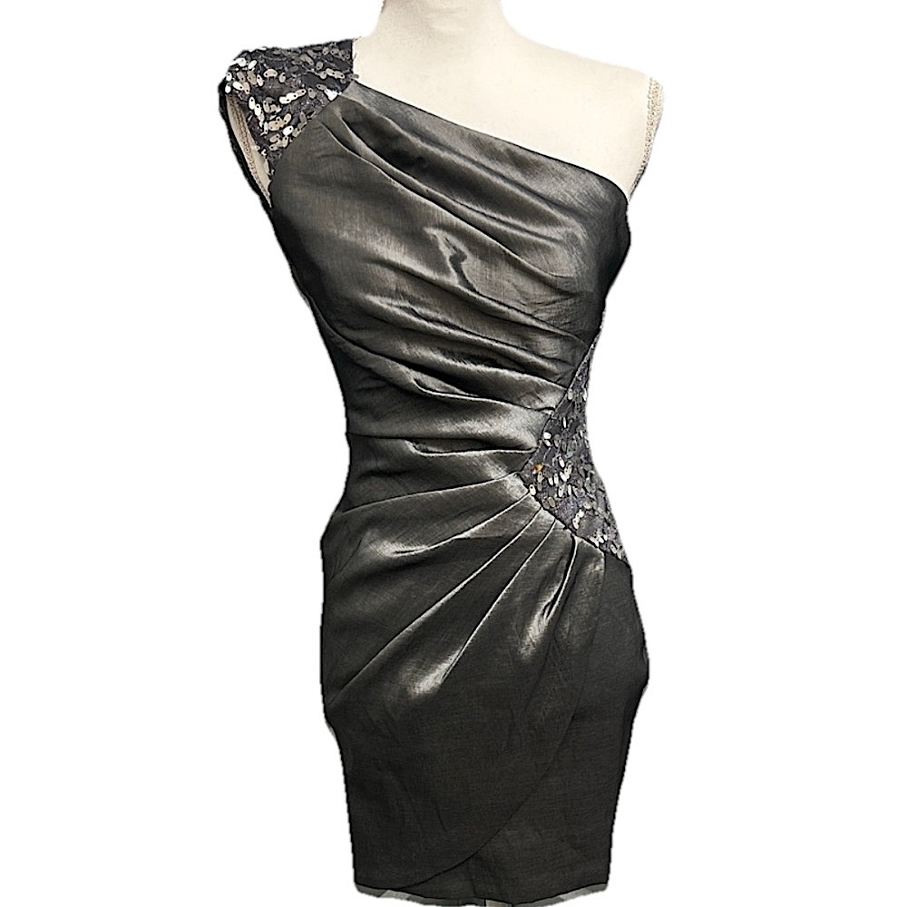 Jessica McClintock Silver Platinum Vintage One Shoulder Sequins Dress Size 4